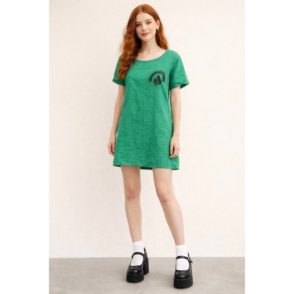 Caixinyi Indie Boho Linen Breathable Mini Dress Sz M Green Native Printed Detail